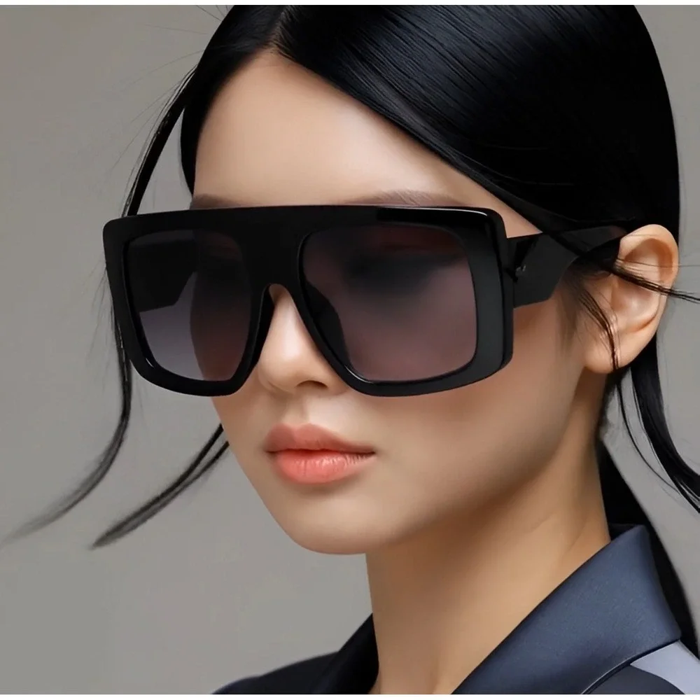 Womens Oversized Flat Top Shield Sunglasses Black Square Frame Gradient Lens New